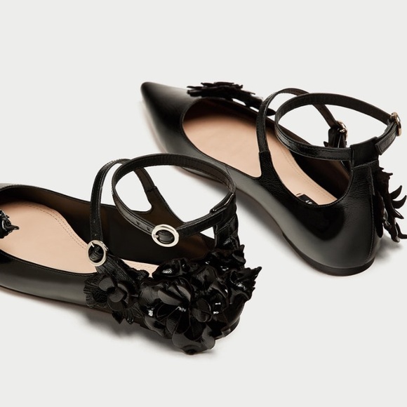 NWT Zara Leather Strappy Ballerinas w/ Flowers - Picture 2 of 8